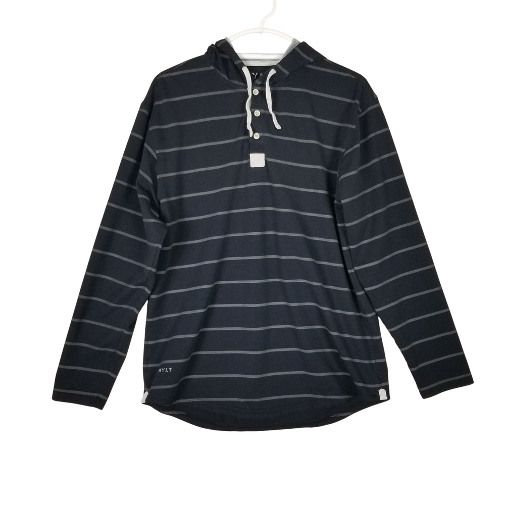 BYLT Drop Cut Hooded Henley Mens Large Black Striped LUX Long Sleeve Shirt